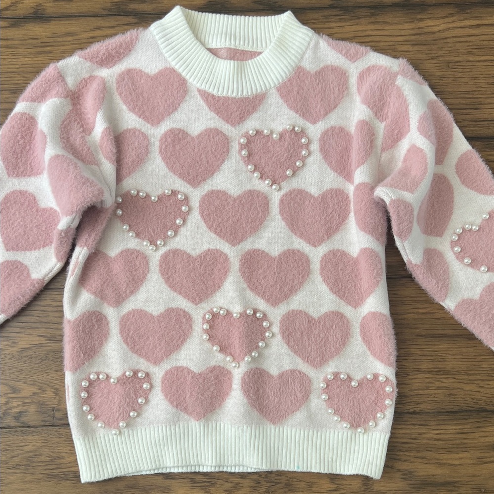 Pink and White Heart Pattern, Cozy Sweater with pearl heart detail, Valentines